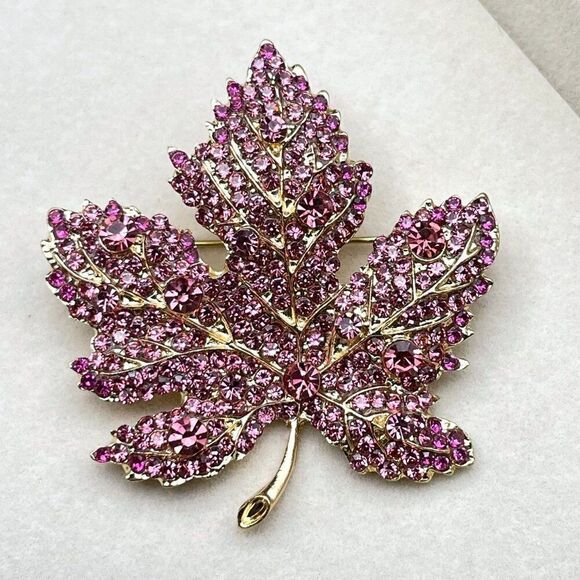Yellow Gold with Pink Sapphire Crystal Single Maple Leaf Pin Back Brooch - Picture 2 of 8
